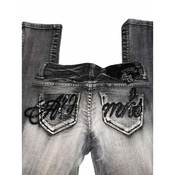 Akademiks Y2K Jeans Size 27 Gray Distressed Embroidered Pocket Streetwear - Picture 2 of 3